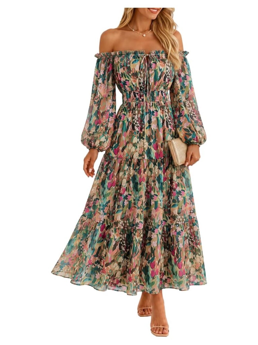 ZESICA Floral Maxi Dress Long Sleeve A-Line Chiffon Womens Dress M